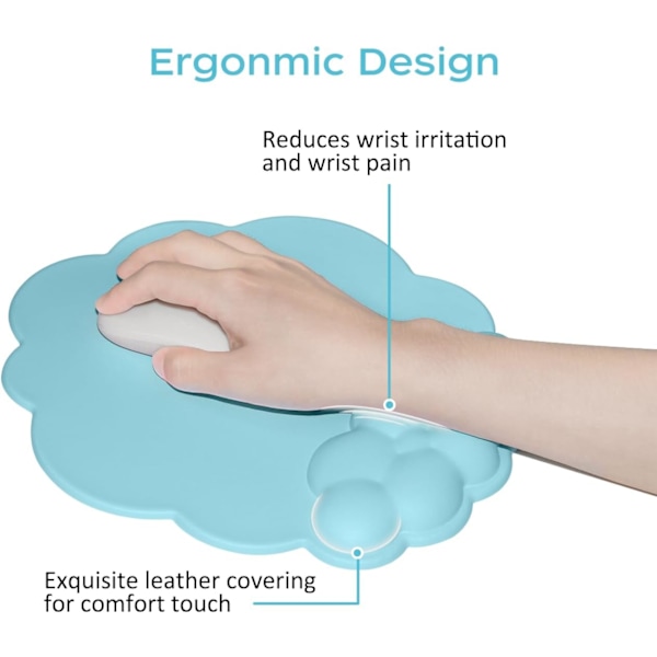 Musematte med håndleddstøtte i lær, skyformet håndleddstøtte med minneskum, sklisikker PU-base musematte for hjemmekontor