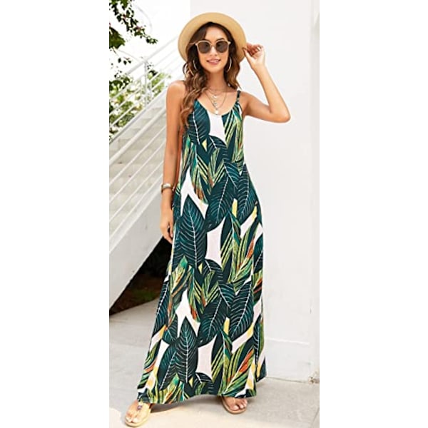 Kvinders Sommer Casual Blomstermønstret Bohemian Spaghetti Stropper Blomster Lang Maxi Kjole Med Lommer -----Grønt Blad   （Størrelse XL）