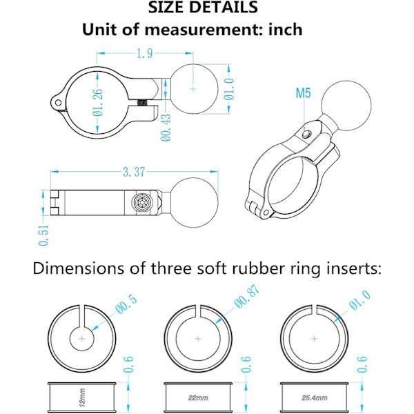 Aluminiumlegering 1 tommers kulefeste, passer til styrer med diameter 0,5'' til 1,26'', styrekulefeste kompatibelt med RAM Mounts 1 tommers kulekontakt