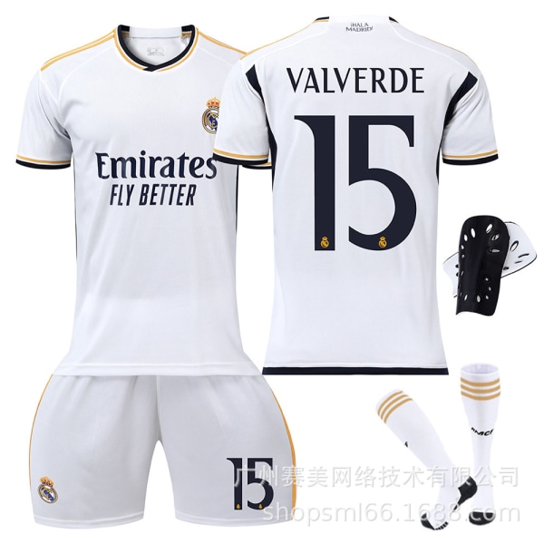 23-24 New Real Madrid Home Children's Adult Football Kit with Socks and Knee Guards-15 VALVERDE-28#