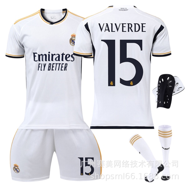 23-24 Nytt Real Madrid Home Barnfotbollssats för vuxna med strumpor och knäskydd-15 VALVERDE-30#XS 15 VALVERDE 30（XS）