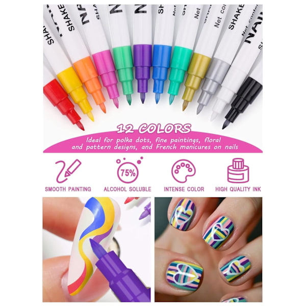12 Färger 3D Nagelkonst Pennor Set, Kalolary Nagel Pennor Nagel Punkt Graffiti Prick Penna Ritning Målning Liner Borste för DIY Nagelkonst A