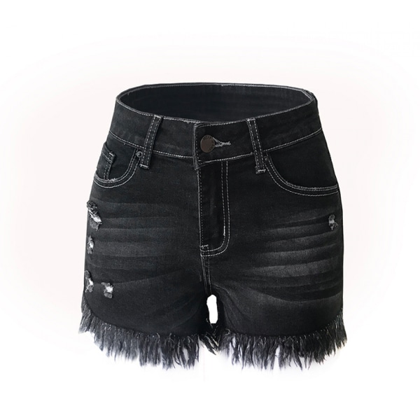 Casual jeansshorts för kvinnor, slitna, råa fållar, slitna jeansshorts --- Svartgrå (Storlek M)
