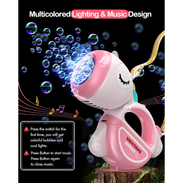 Bubbelmaskingevär med Ljus och Musik, Portabel 360° Läcksäker Automatisk Bubbelmaskin för Barn Småbarn 1-3 4-8 Fester, Bubbl pink