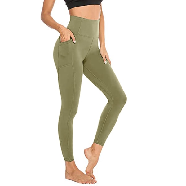 yogabyxor med fickor för kvinnor Hög midja europeiska och amerikanska utomhuslöpsport fitness för kvinnor leggings för kvinnor L（grön）