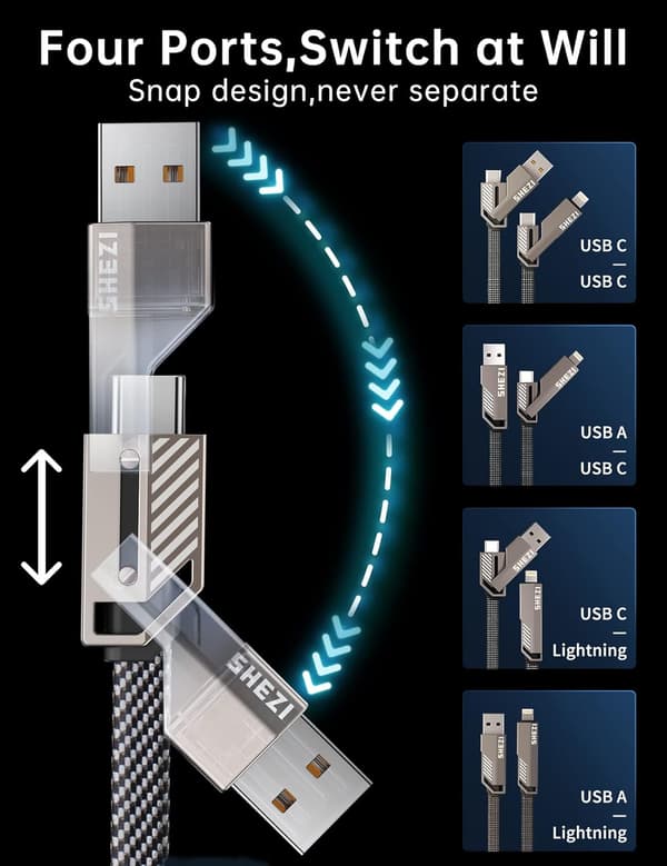4-i-1 USB C-kabel Lightning-kabel 60W [Rask lading og datasynkronisering] Flatvevd flokefri iPhone-ladekabel med borrelås (grå)