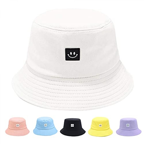 Barnsolhatt Smile Face Bucket Hat för flickor Pojkar Sommarsolskydd bomull unisex cap---Vit