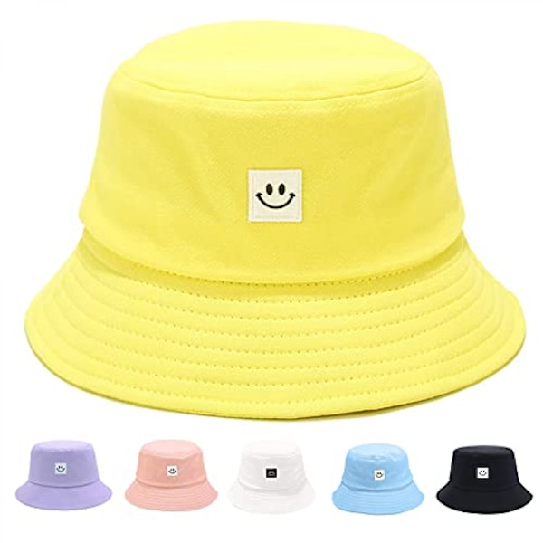 Solhatt for barn med smilende ansikt, bøttehatt for jenter og gutter, sommer solbeskyttelse bomull unisex strandlue --- gul