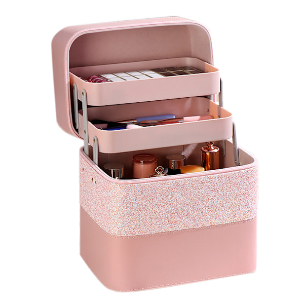 Cosmetic Storage Box PU Leather Large High Capacity Portable Toiletry Bag for Travel Pink 3 Layers Heightened