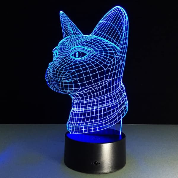 Katt hode 3D illusjon skrivebordslampe 7 farger endring berøring knapp LED nattlys