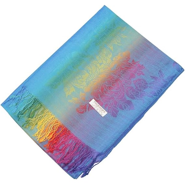 Färgglada blommor Jacquard bomulls pashmina Kvinna Wrap Sjal fransar Scarves, Blå