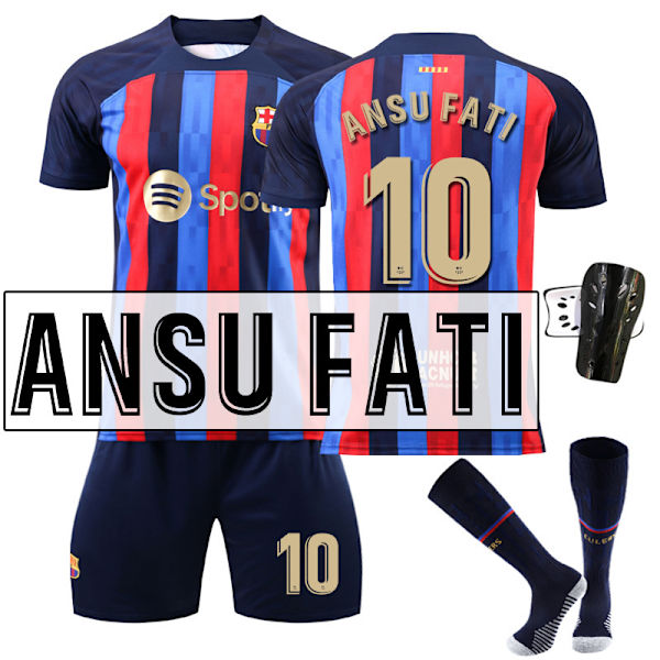 Barcelona fodboldtrøjesæt med sokker og knæbeskyttere - sæson 22-23 - nr. 10 ANSU FATI #XL No.10 ANSU FATI #XL