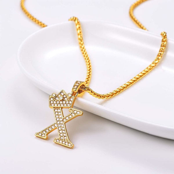 Krona Initial A-Z Halsband, Iced Out Bokstavshänge med 22-24 Tums Kedja, Män Kvinnor Bling Hip Hop Alfabet Namnsmycken Present Stor In O 18K Gold