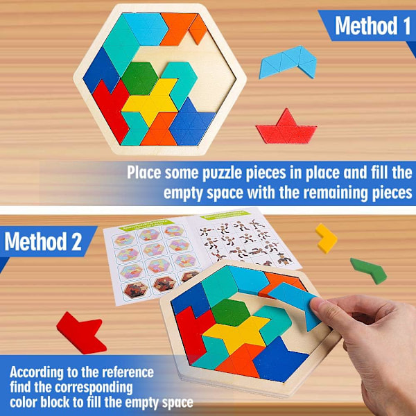 Skrtuan Trä Hexagon Pussel för Barn Vuxna Hjärnteaser Block Pusselspel Leksak Form Mönster Block Tangram Geometri Logik IQ ST