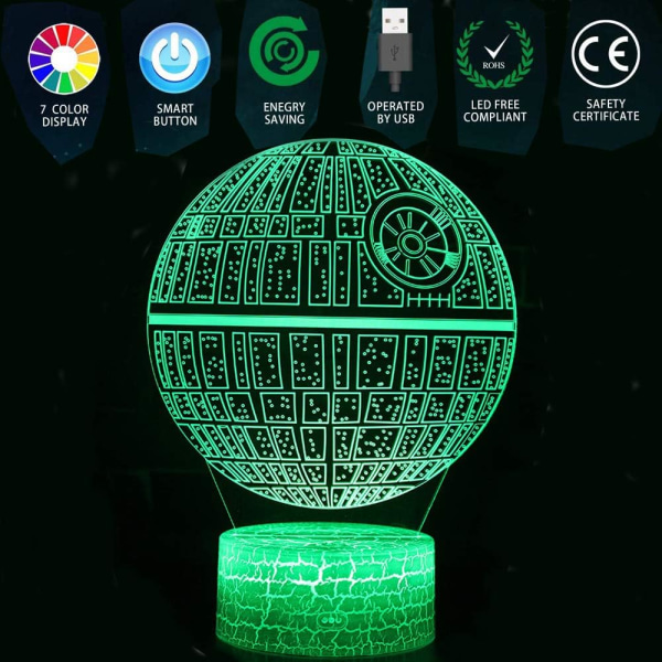 3D Illusion Star Wars Natlampe Fire Mønster Dødsstjerne/Millennium Falcon/Rumskib/BB-8 Interstellar 7 Farve Skift Dekor Lampe Natlampe Star Wars Combo Pack-C