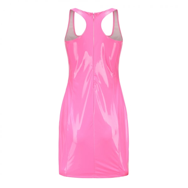 Dam konstläder Bodycon Miniklänning Fyrkantig hals Justerbar rem Latexklänning Nightout Party Klubbkläder (Rosa L)