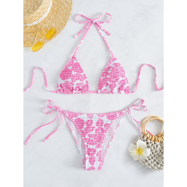 Kvinnors Halterneck Tie Side Triangle Bikini Set Hög Skuren 2 Delad Bikini Baddräkt Pink C L