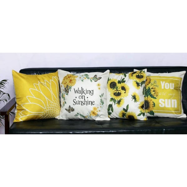 Wekity Farmhouse Sunflower Kuddfodral Set med 4, Blommig krans Butterfly Linne Kuddfodral, Modern dekoration för utomhussoffa