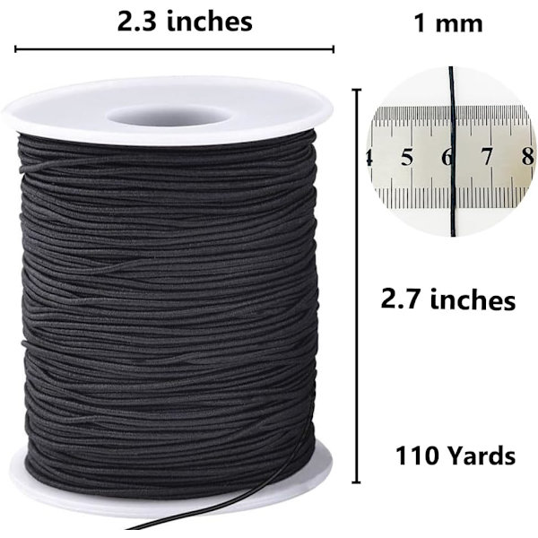 Elastisk snor for armbånd, 1 mm x 110 meter robust, elastisk snor for smykkefremstilling, halskjeder, perling - svart Black Black and White