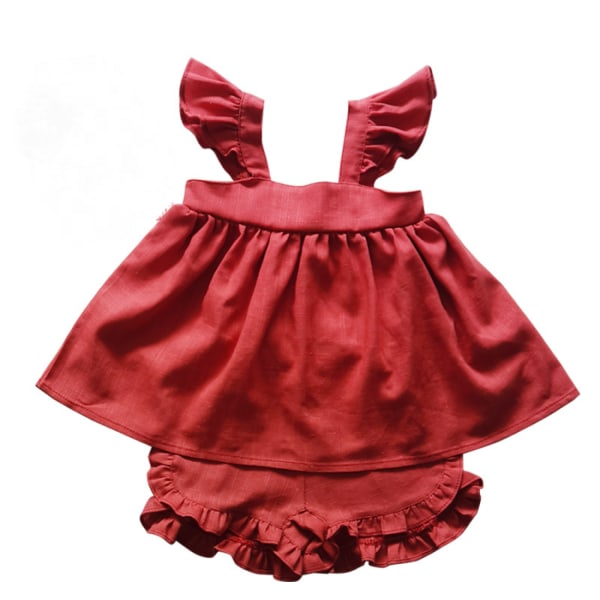 AVEKI Linne volanger Shorts Set Baby Girls Casual Summer Outfits Set --- Röd (Storlek 110)