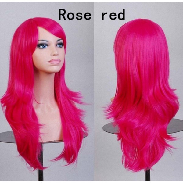 28\" 70cm Fashion Parykker Lang Bølget Krøllete Hår Cosplay Parykk & Parykkhette (Rose Red)