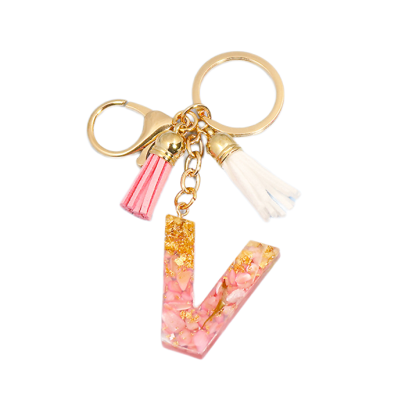 Söt första nyckelring A-Z bokstav glittrande glitter nyckelring Premium väska Charm Nyckelring Tillbehör (V, 2PCS)