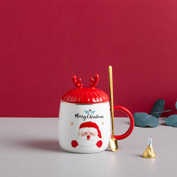 Söt mugg jul kaffemugg, högkvalitativ keramik, hög temperaturbeständig, 15oz med 3D-lock och sked, julklapp, tomten