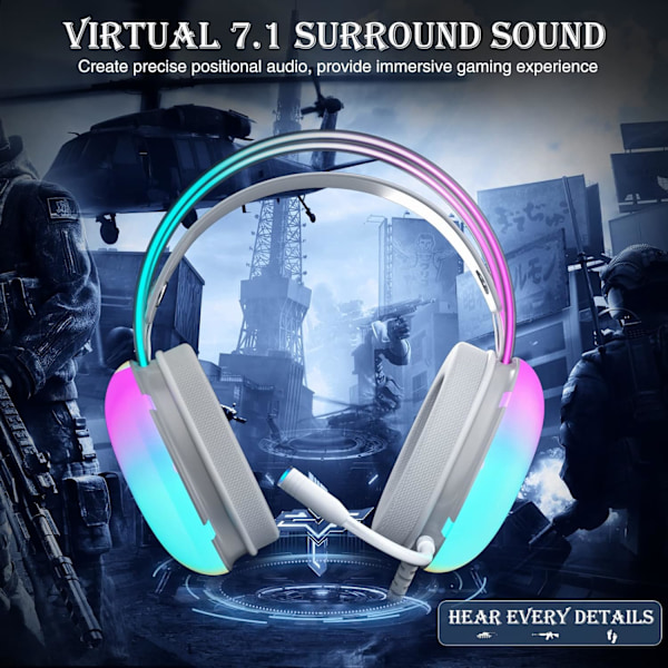 USB Gaming Headset med mikrofon til pc, RGB Rainbow Backlit Hovedtelefon, Virtual 7.1 Surround Sound, 50mm Driver, Bløde Memory Øremuffer, Wi