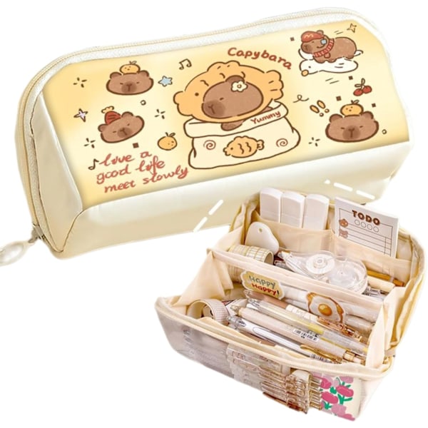Pencil Pouch Multi-Layer Stor Kapacitet Capybara Print Særpræget Sjov Sød (Beige-2) A