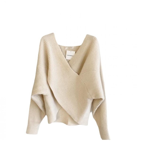 Dame Langærmet Wrap V-hals Krydsforan Solid Farve Casual Off Shoulder Crop Strikket Trøje