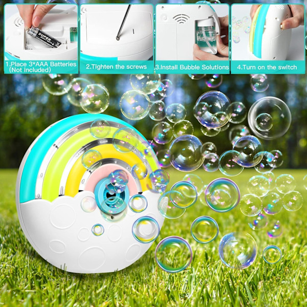 Automatisk bubbelmaskin för barn, portabel regnbågsbubbelblåsmaskin med ljus, 2000+ bubblor per minut/bubbellösning/Lanya white