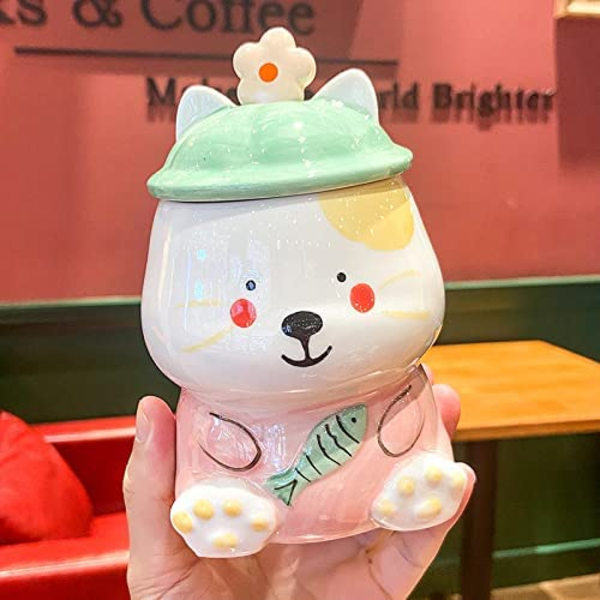 Kattmugg med sked Barn 3D mugg Katt Fiske Mjölk Kopp Keramik Kaffe Kopp Fest Födelsedagspresent Hem (kattfiske, rosa, 450 ml)