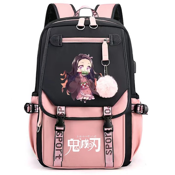 1 st Demon Slayer Anime Hero Prints Nylon Ryggsäck, Stor Kapacitet Flerfunktionell Ryggsäck För Skola, Arbete, Vandring, Shopping, Resor Och Camping Pink black 2