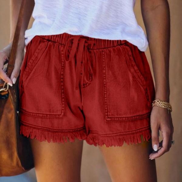 AVEKI Jeansshorts för kvinnor för casual sommar Mid midja Frayed Stretchy Ripped --- Röd （Storlek 2XL）