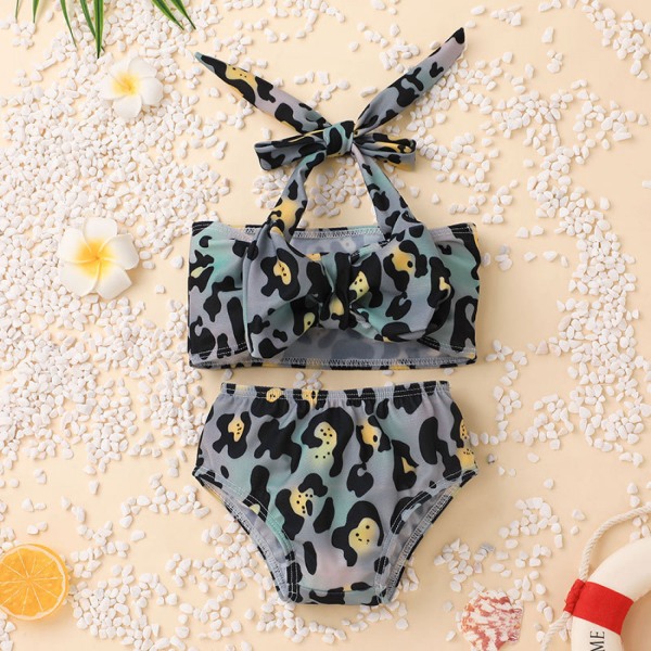 Print barnsele badkläder flickor bikini set --- svart färgglad (storlek 90)