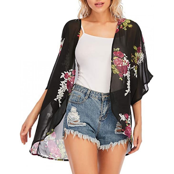 Dame Floral Print  Ærme Kimono Cardigan Løs Cover Up Casual Bluse Toppe --- Sort Blomst （Størrelse XXL）