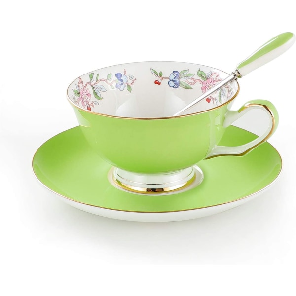 3-delt benporcelænskop og underkopssæt med ske Vintage porcelænskaffestel, blomstertekoppsæt med guldtrim og gaveæske, 7,1oz. Græsgrøn