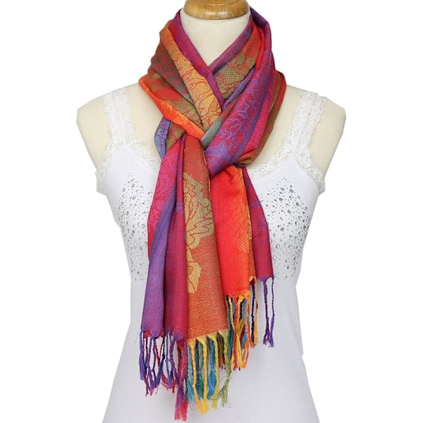 Fargerike blomster Jacquard bomulls pashmina Kvinne Wrap Sjal frynser Sjal, Rød