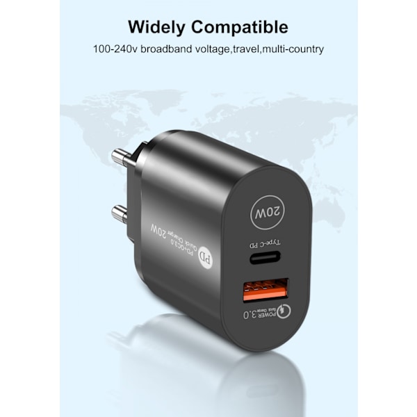 Ny PD12W mobiltelefonlader 5V2.4A ladehode type-c PD ladehode europeisk og amerikansk britisk standardadapter svart