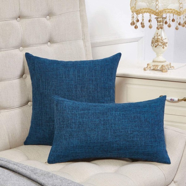 Set med 2 mørkeblå putetrekk Rustikk lin dekorative firkantede pynteputer 20x20 tommer for sofa sofadekorasjon