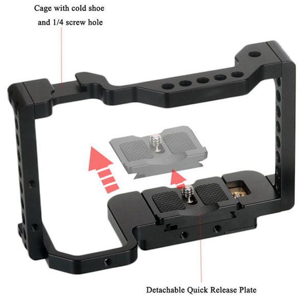 Bärbar DSLR-bur av aluminiumlegering för Sony A6400 A6500-kamera, stöd för blixt, mikrofon och monitor