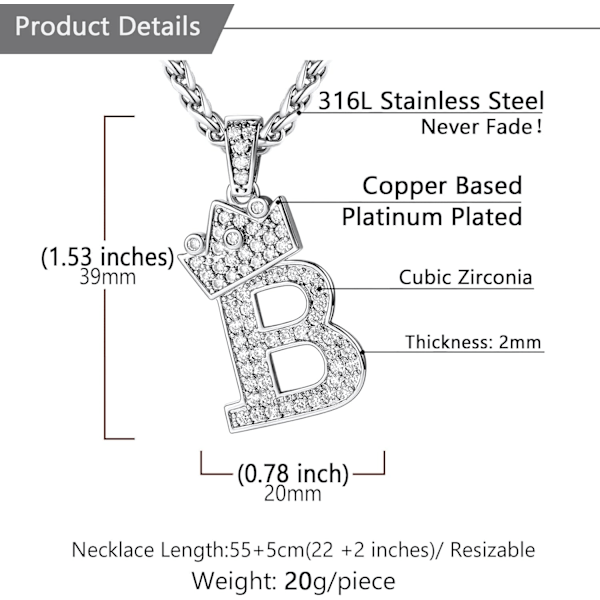 Krone Initial A-Z Halskjede, Iced Out Bokstavanheng med 22-24 Tommers Kjede, Menn Kvinner Bling Hip Hop Alfabet Navn Smykker Gave Stor I E Black