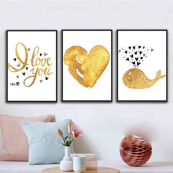 Kärlek och valar väggkonst Canvas print affisch, enkel söt guld och svart konst ritningsdekor (set med 3 oinramade, 20''x28'')