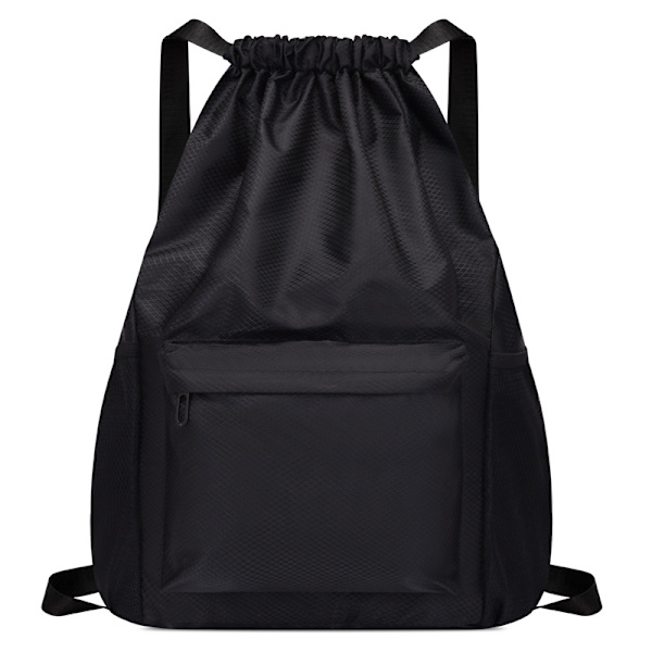 Lett sportsbag med snøring (1 stk) - vanntett nylonryggsekk med snøring for trening, sport, yoga og shopping - Stor, svart