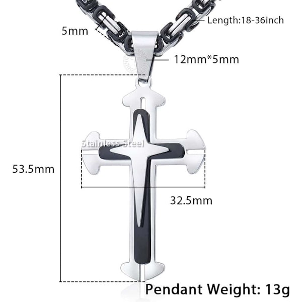 Kors Vedhæng Halskæde Mænd Drenge Rustfrit Stål Guld Sølv Byzantinsk Kæde 22 24 26 28 30inch Layered Black Cross Black Silver Tone