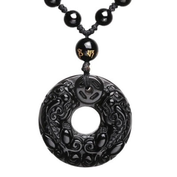 Obsidian Donut Peace Buckle PIXIU Amulet Necklace Pendant with Bead Chain for Men Men