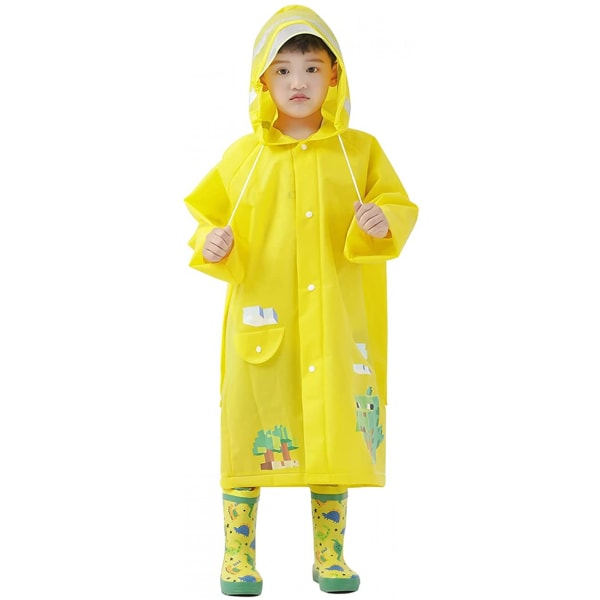Barn Regnjacka Barn Poncho Barn Regnjacka Barn Regndräkt Lätt regnkläder Reflekterande Återanvändbar med huva, Dino Yellow, XL