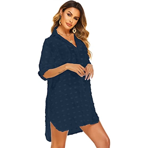 Kvinde badedragt stranddækken skjorte bikini badetøj badedragt stranddækken kjole, B-navy blå, XL