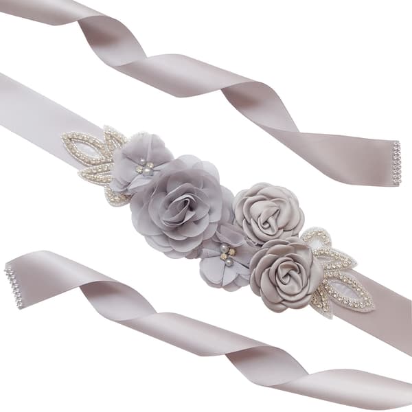 Bröllopssashbälte med blommor, pärlor, strass, klänning, graviditetsbälte, brudtärnor, grå
