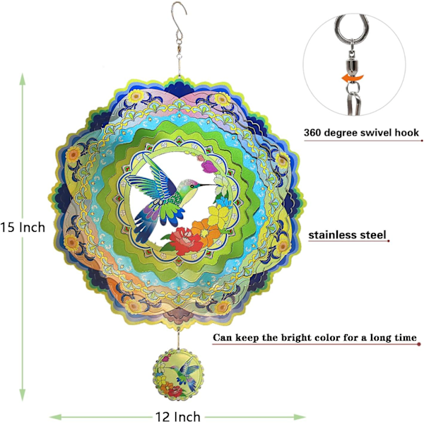 Tuulensuojus Ulkona Metalli Mandala Kolibri 12 tuuman 3D Ruostumattomasta Teräksestä Puutarha Veistos 3D Tuulensuojus Riippuva Piha Puutarha Sisustus Hummingbird
